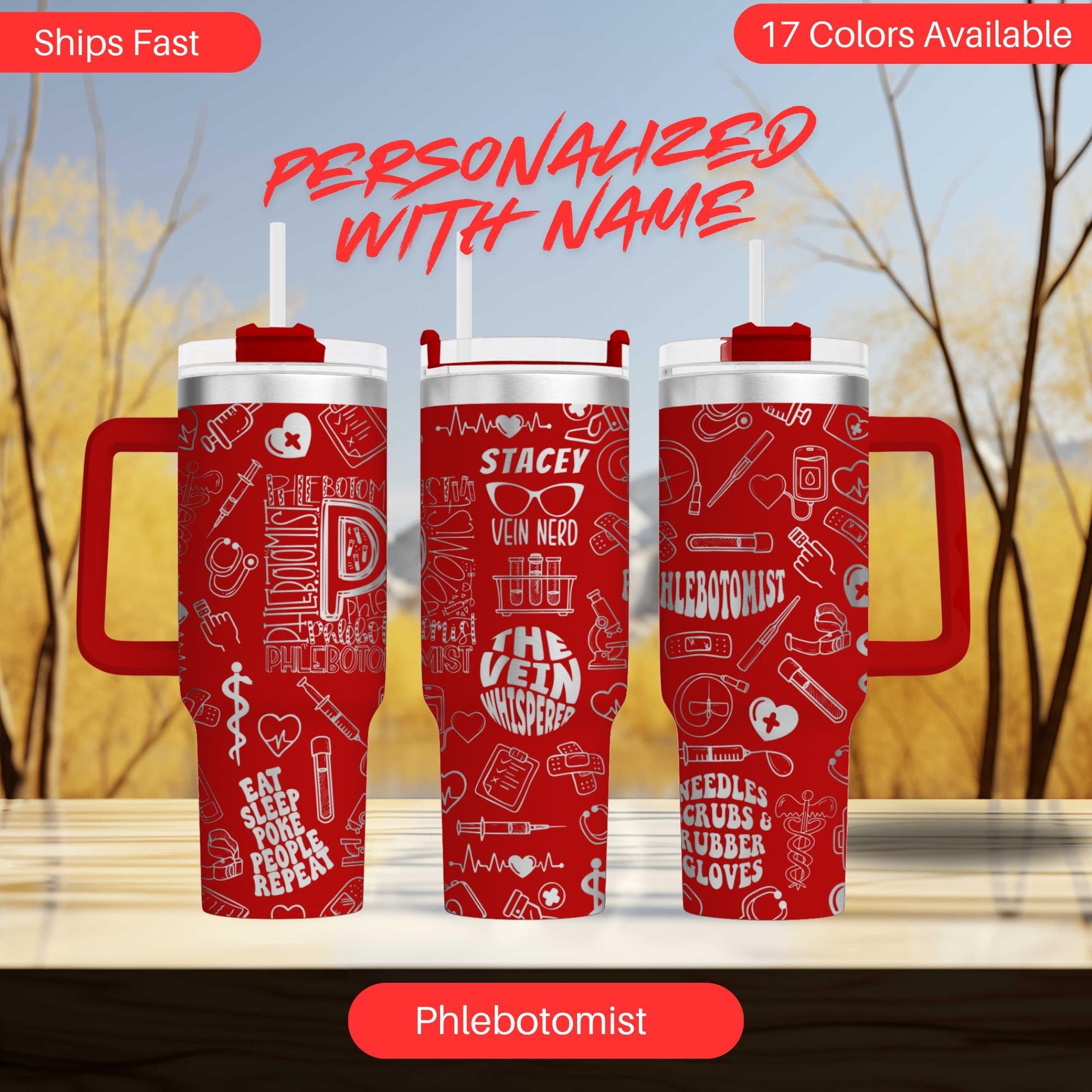 three red thermos tumblers with personalized names printed on them, set against a blurred background of trees.