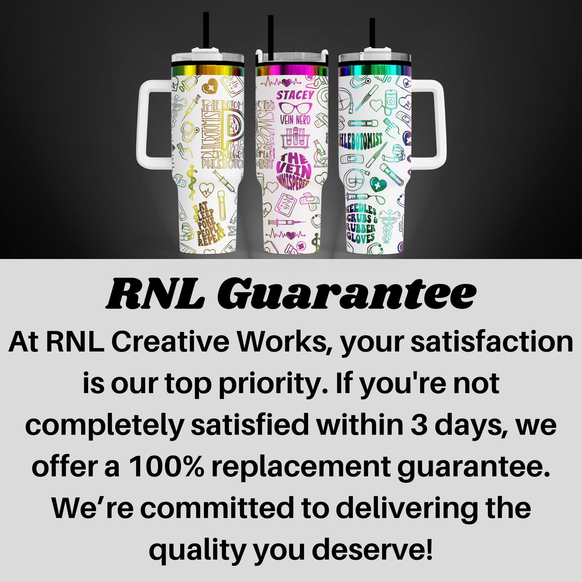 three colorful, patterned tumblers with handles, arranged in a row against a dark background.