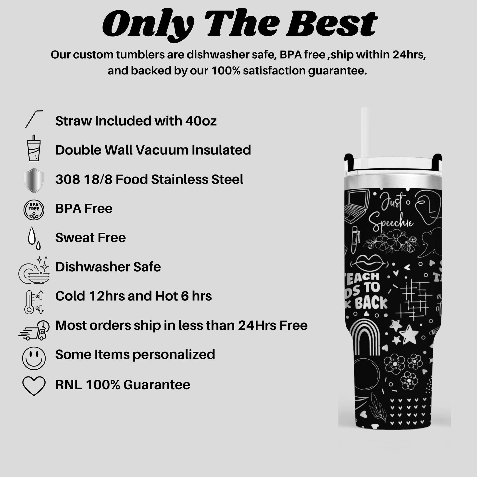 a stainless steel tumbler with a black and white design, including a straw, a double wall vacuum insulation, and a BPA-free design. The tumbler is described as dishwasher safe, sweat-free, and environmentally friendly. The image also includes a guarantee of 100% satisfaction and a 100% guarantee.