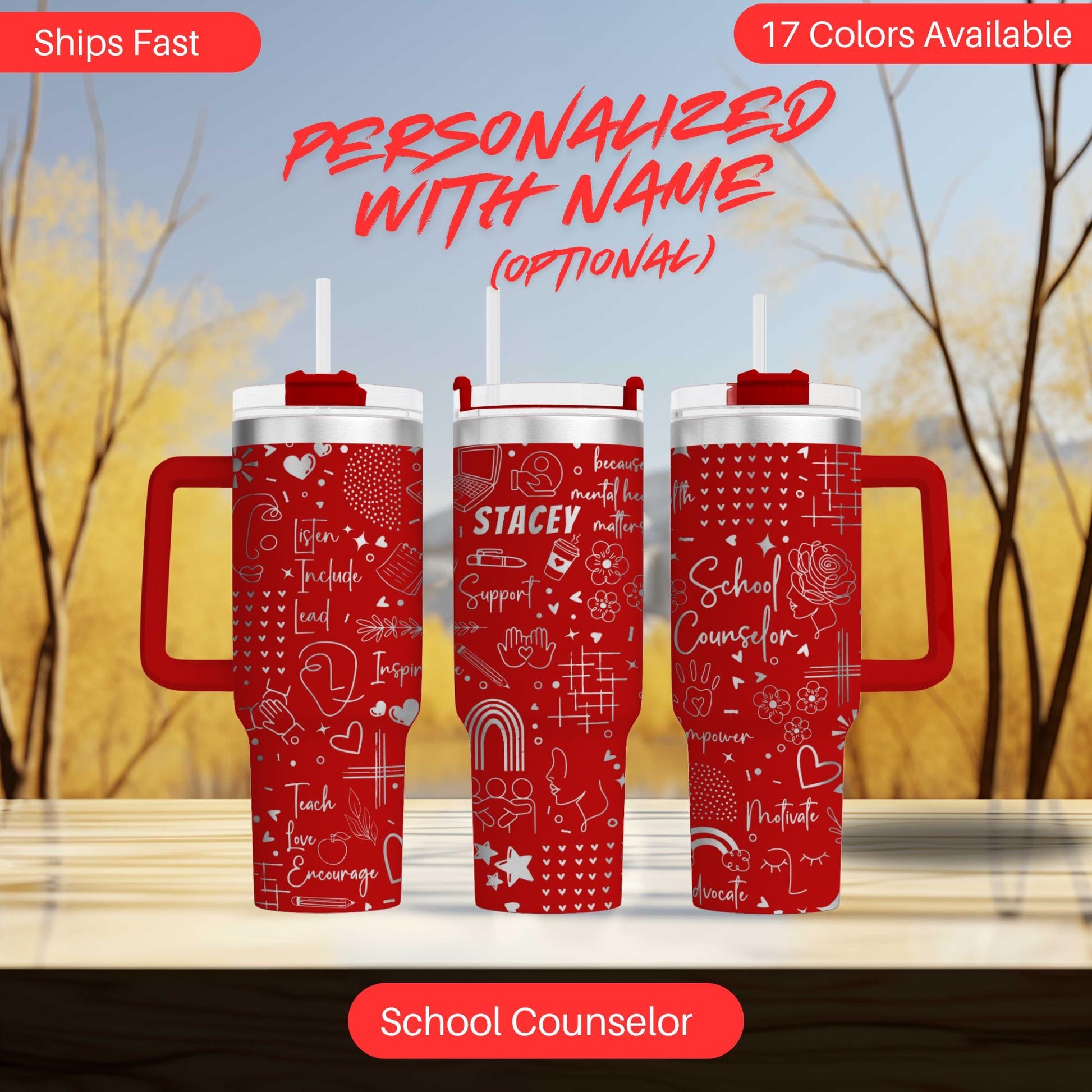three red tumblers with white text and designs, including the words "Personalized with Name" and "School Counselor". The background of the image is a blurred outdoor scene with trees and a blue sky.