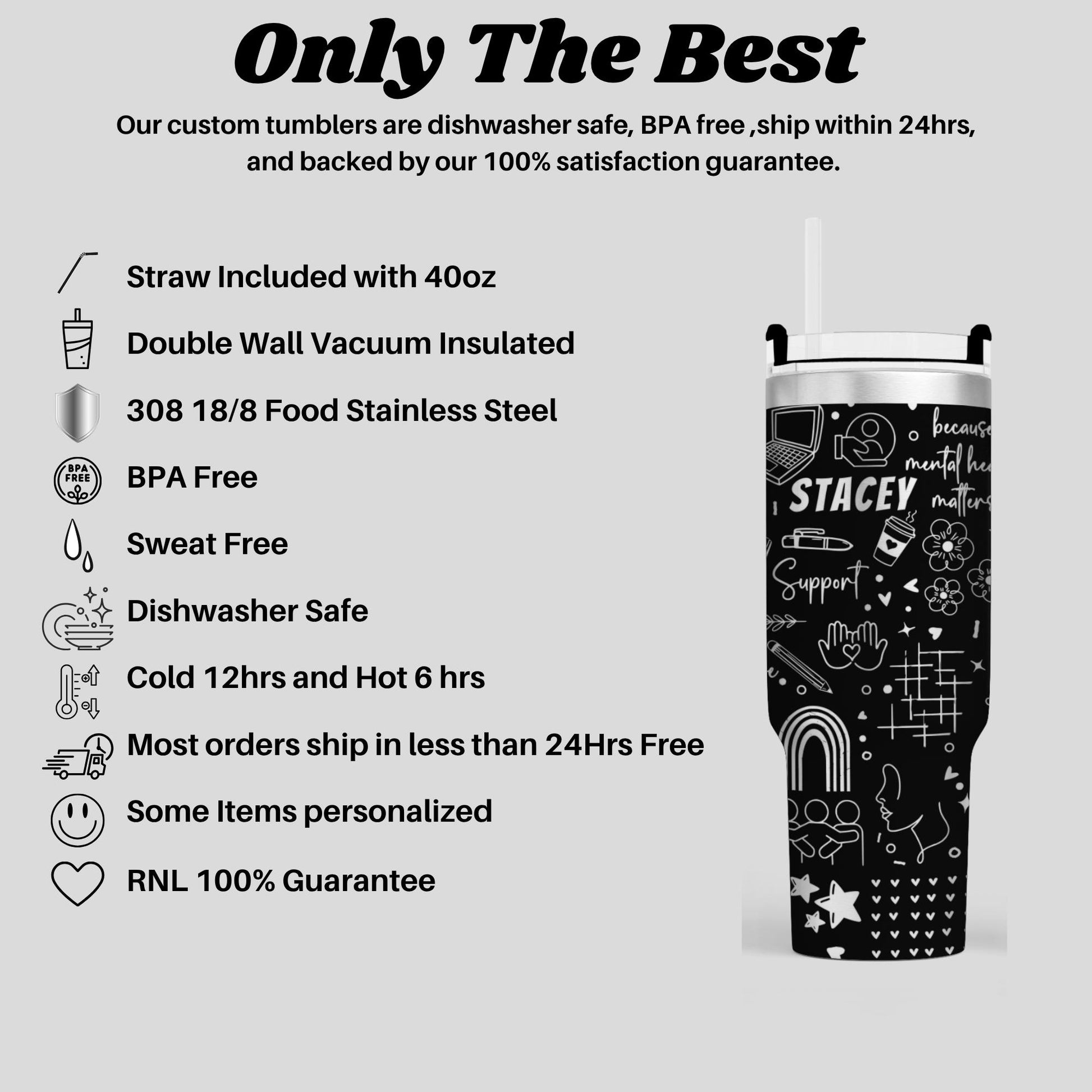a stainless steel tumbler with a black and white design, including a straw, a double wall vacuum insulated, and a BPA-free design. The tumbler is described as dishwasher safe, sweat-free, and environmentally friendly. It is also noted that the tumbler is backed by a 100% satisfaction guarantee and is ship within 24 hours.