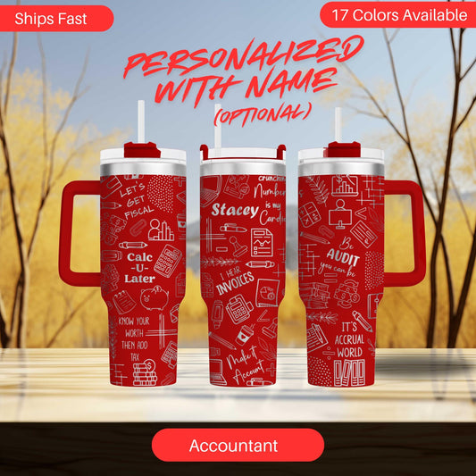 three red insulated tumblers with white text and graphics printed on them. The text includes phrases like "Shops Fast", "Personalized with Name (optional)", "It's ACCURAL in WORLD", and "Accountant".