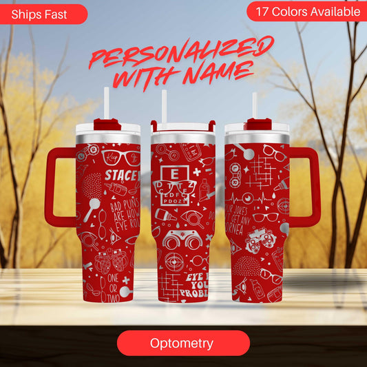 three red tumblers with various printed designs, including glasses, lenses, and optometry-related elements. The text "Personalized with Name" is displayed above the tumblers, and the word "Optometry" is shown at the bottom of the image.