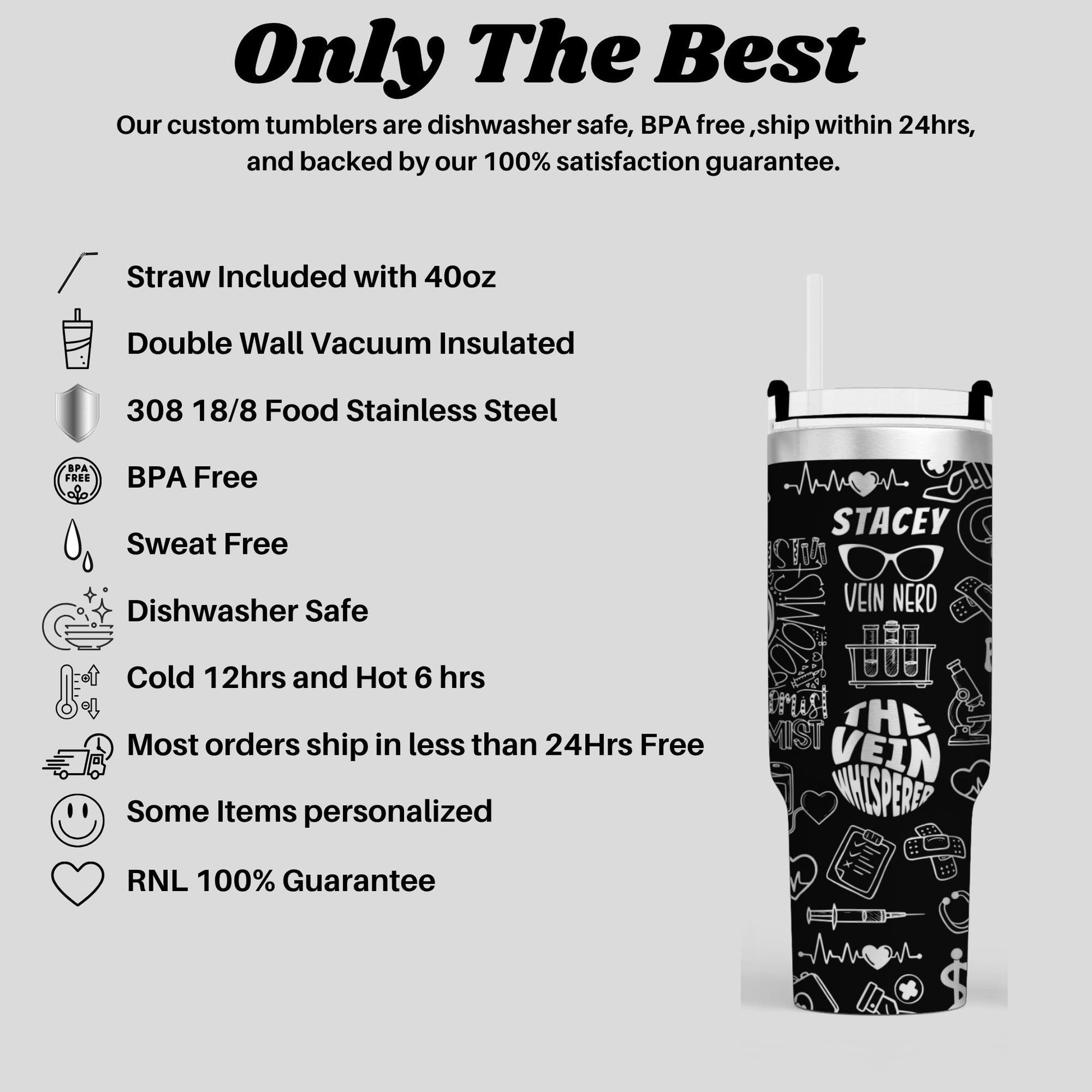 The image is a promotional image for a company that sells custom tumblers. It highlights the features of the tumblers, such as their safety, BPA-free design, stainless steel construction, and the inclusion of a straw. The image also mentions that the tumblers are backed by a 100% satisfaction guarantee and are ship within 24 hours.