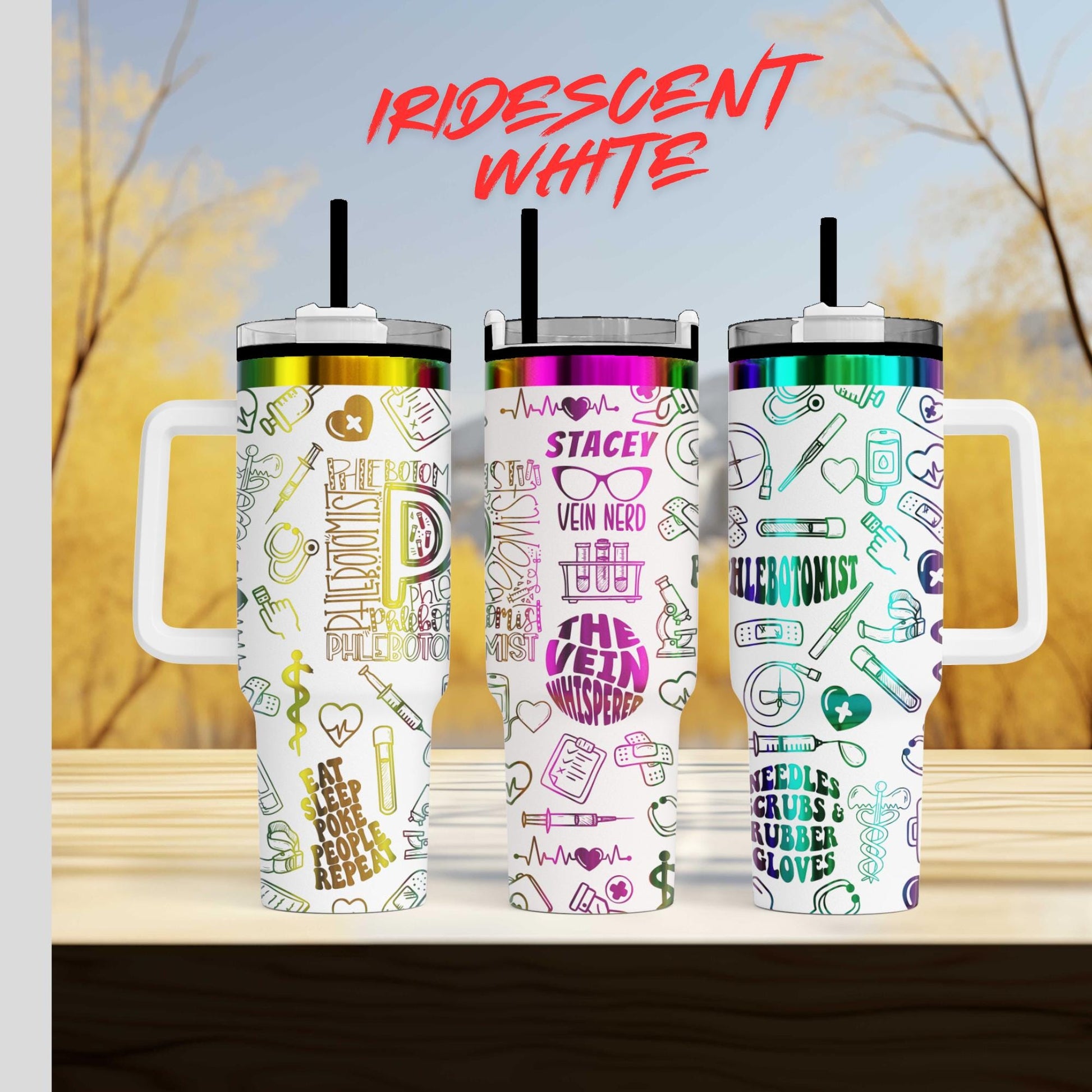 three colorful tumblers with various medical and healthcare-themed designs printed on them.