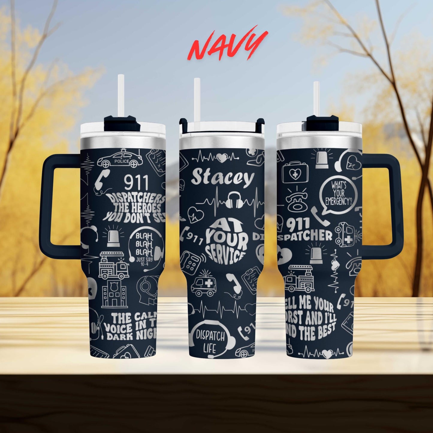 three black and white tumblers with various text and graphics printed on them.