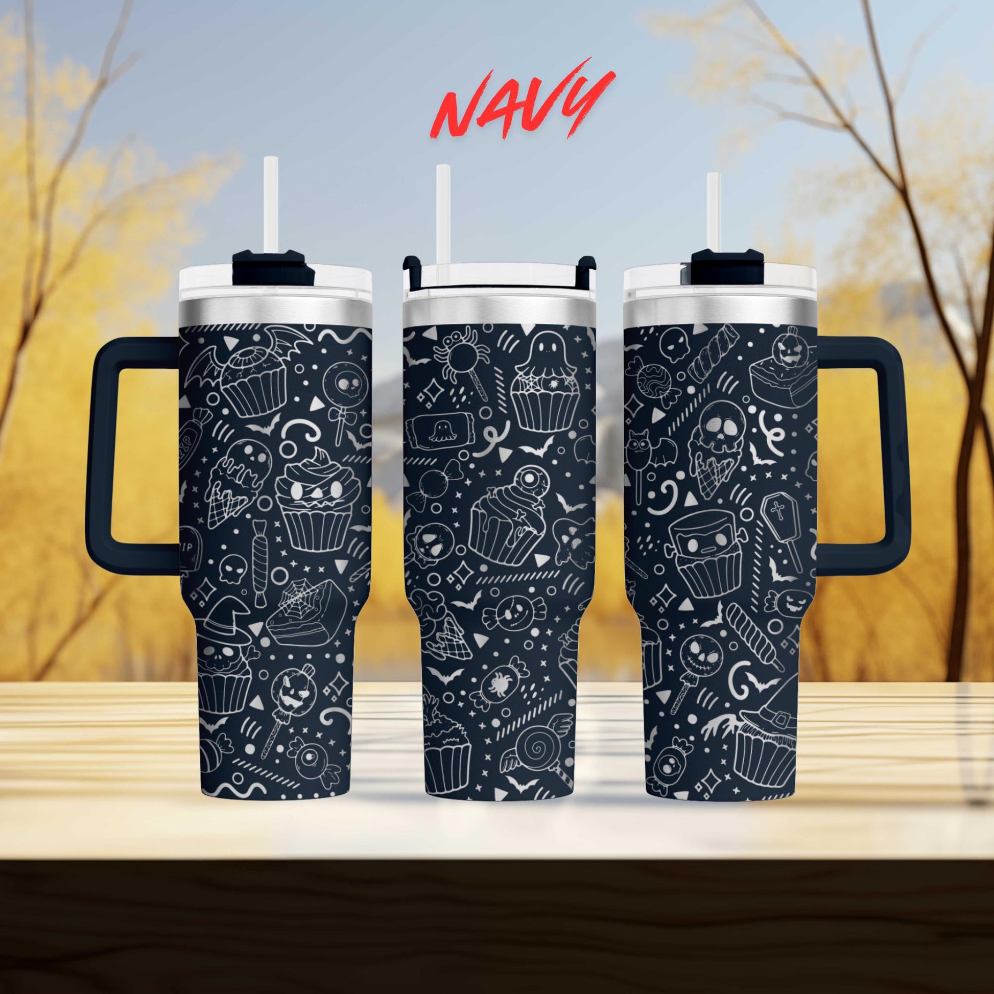 three black and white tumblers with various whimsical and playful designs printed on them, including cupcakes, skulls, and other abstract patterns.