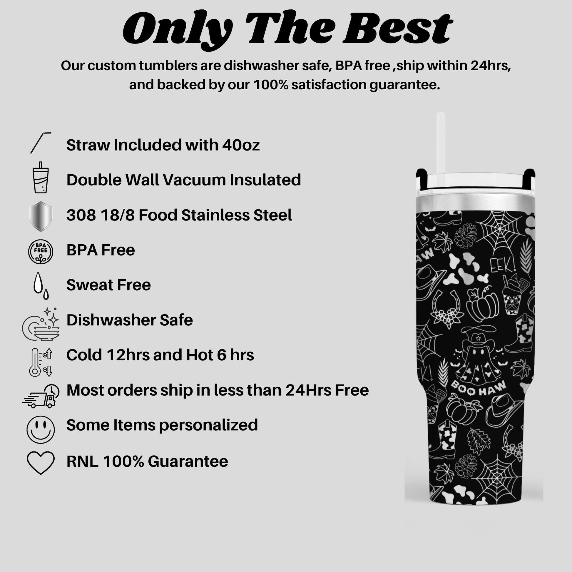 a black and white image of a stainless steel tumbler with a straw, along with various descriptions of the tumbler's features and benefits.
