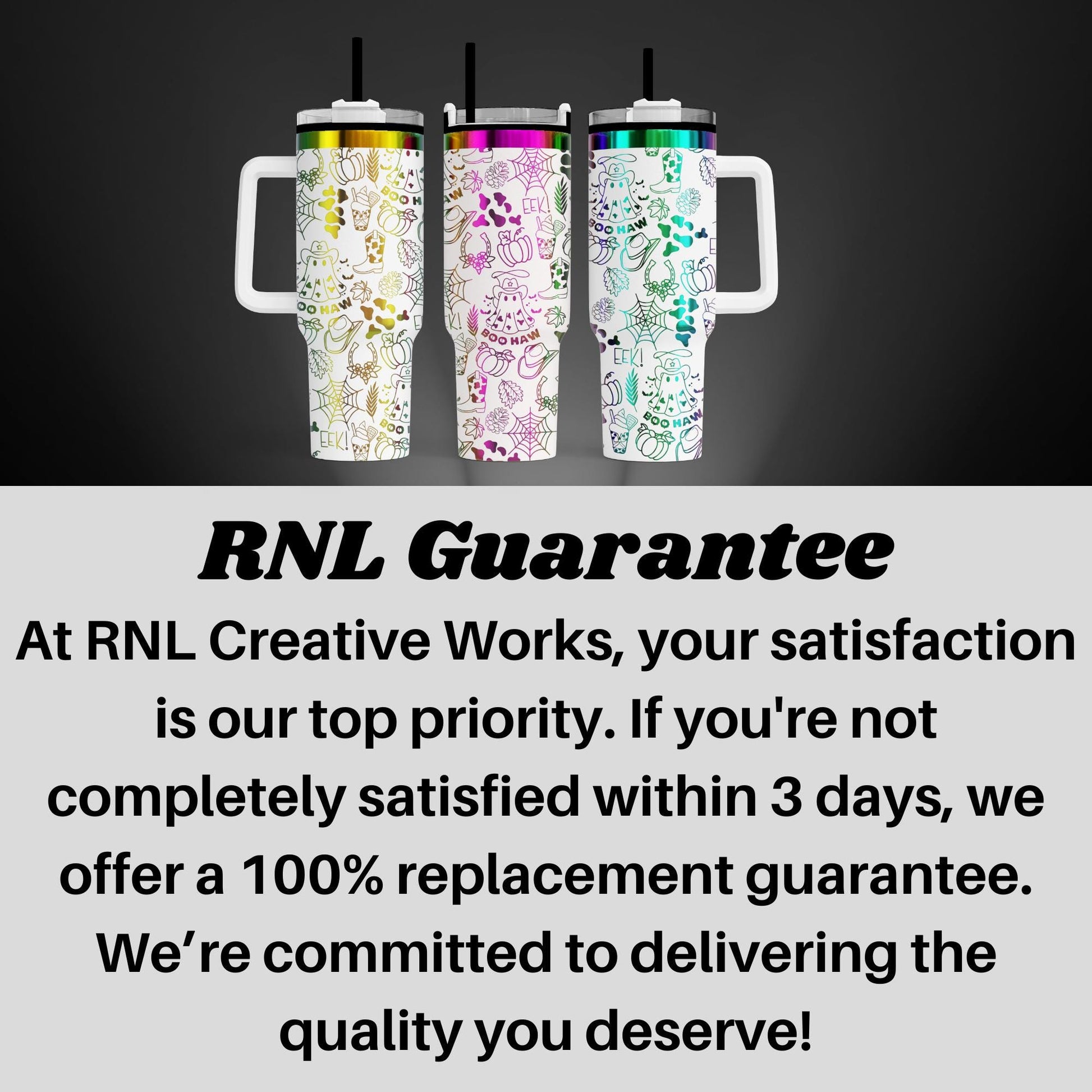 three colorful, patterned insulated tumblers with handles, arranged in a row against a dark background.