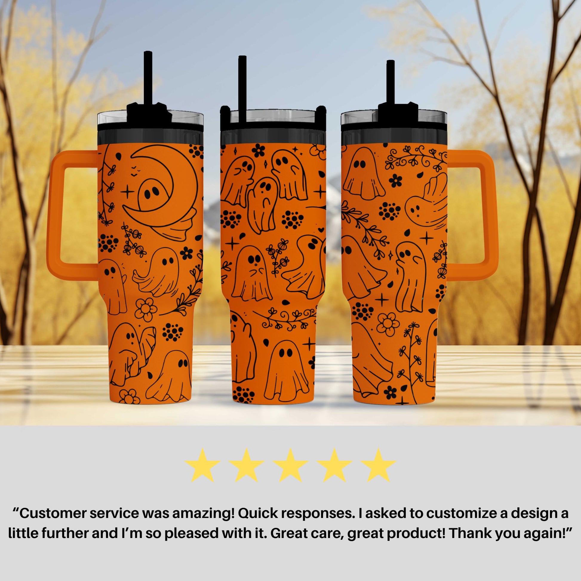 three orange tumblers with a unique ghost-themed design, including various ghost and floral patterns. The tumblers have orange handles and are placed on a wooden surface. The image also includes a customer review expressing satisfaction with the customer service and the product.