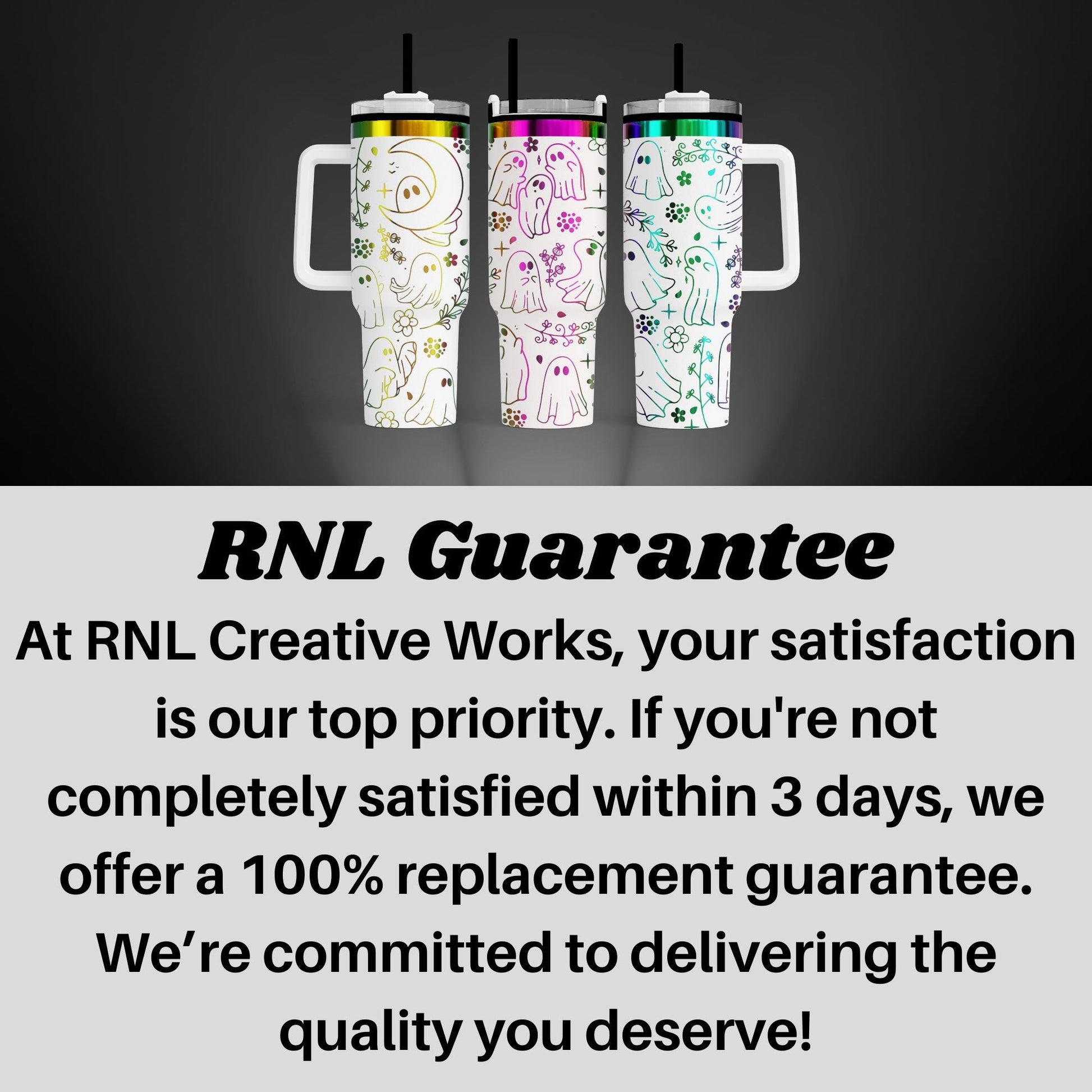 three colorful, patterned tumblers with handles, arranged in a row against a dark background.