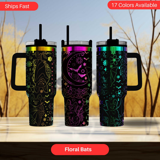 Three colorful tumblers with floral bat designs, available in 17 different colors.