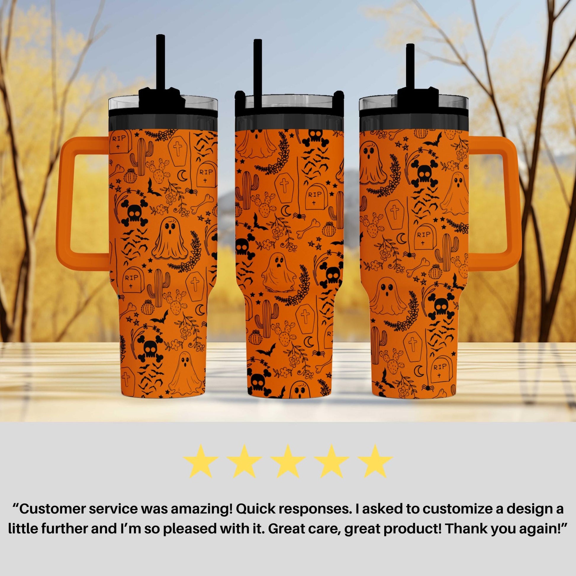 three orange tumblers with a Halloween-themed design, including skulls, bats, and ghostly figures. The tumblers have orange handles and are placed on a wooden surface. The image also includes a customer review expressing satisfaction with the customer service and the product.