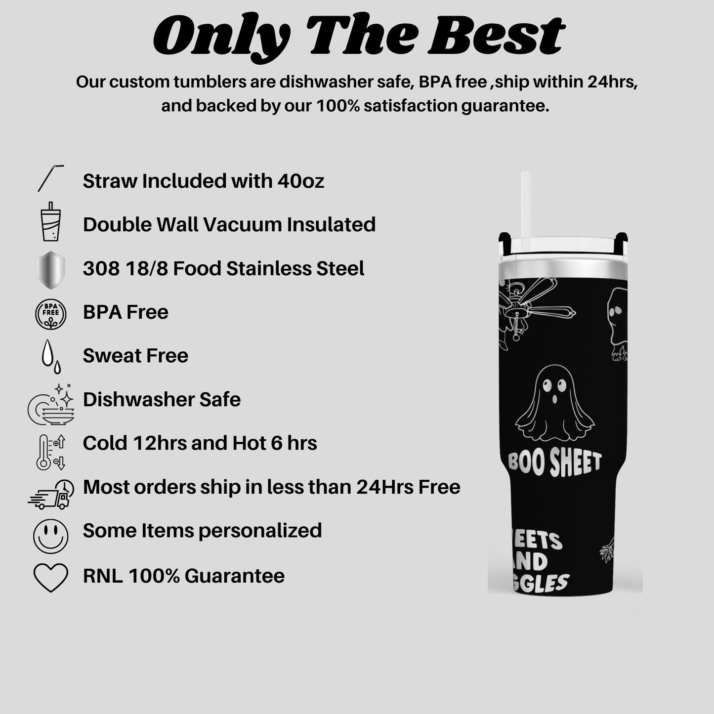 a black and white image of a custom tumbler with various features and information about the product.