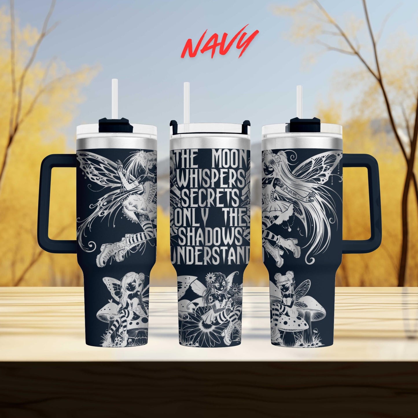 three black and white tumblers with intricate designs and text on them.