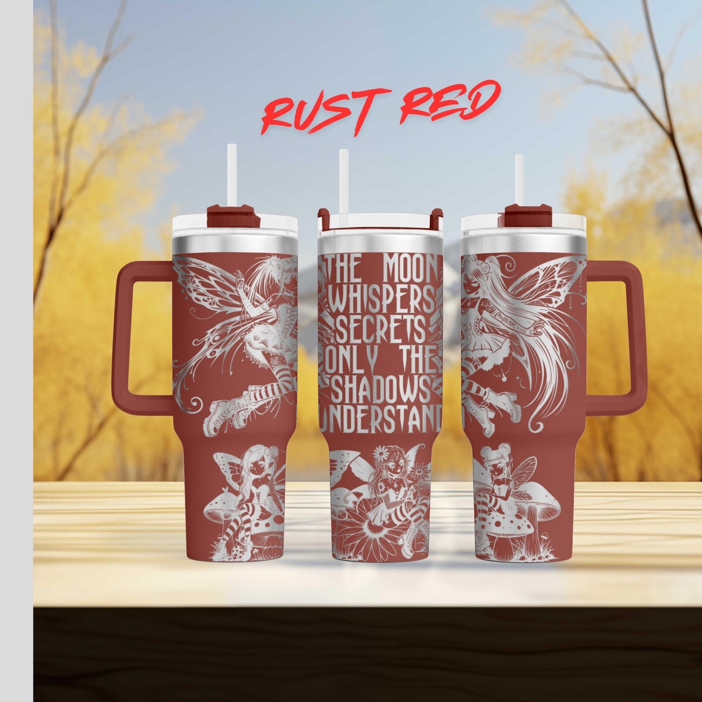 three red tumblers with white designs and text on them, set against a blurred background of trees and foliage.