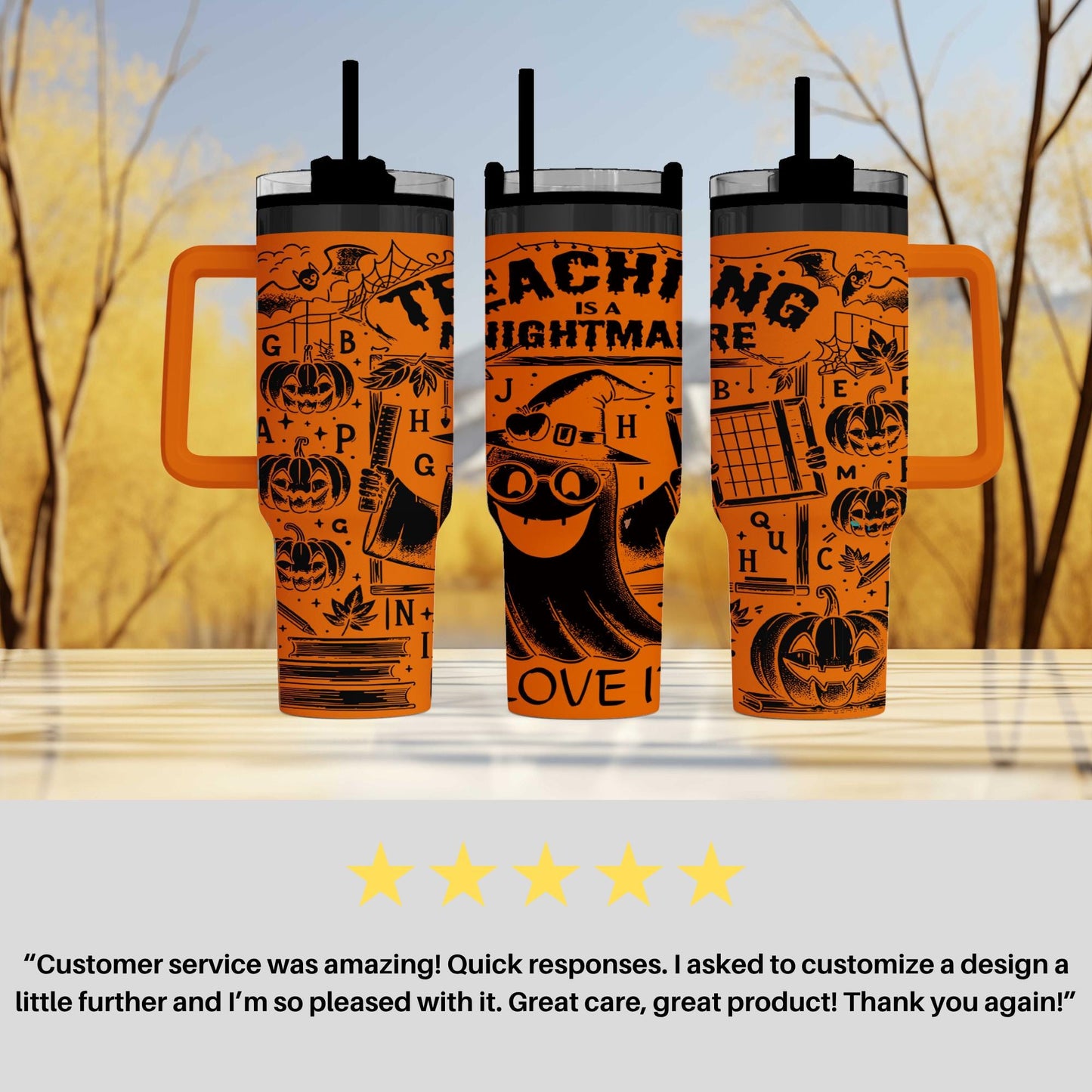 three orange tumblers with a Halloween-themed design, including pumpkins, bats, and other spooky elements. The tumblers have a handle on the side and appear to be made of a material that resembles stainless steel. The background of the image is blurred, but it seems to be a wooded area with trees. There is a 5-star rating and a customer review expressing satisfaction with the product.