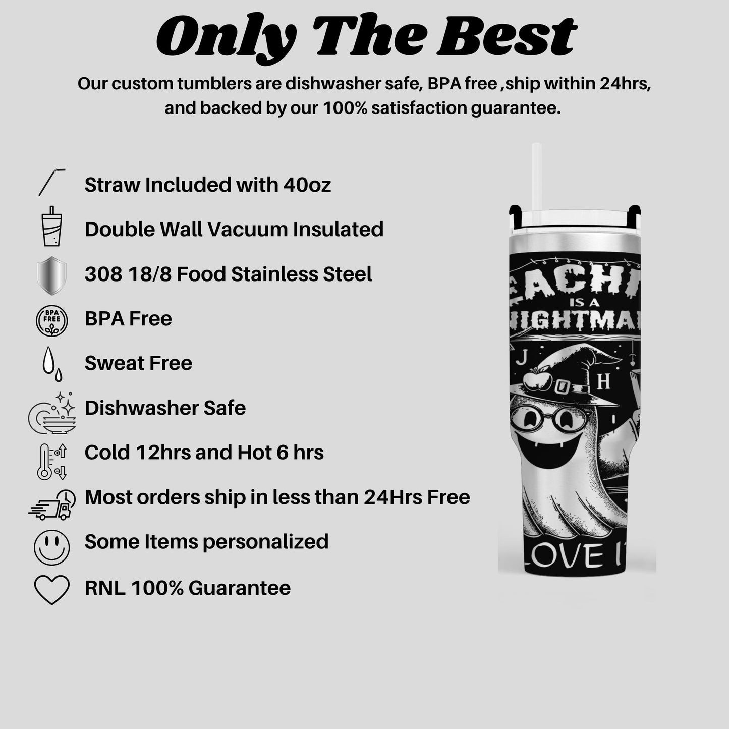 The image is a promotional image for a company that sells custom tumblers. It highlights the features of the tumblers, such as their safety, BPA-free design, stainless steel construction, and the inclusion of a straw. The image also mentions that the tumblers are backed by a 100% satisfaction guarantee and are ship within 24 hours.