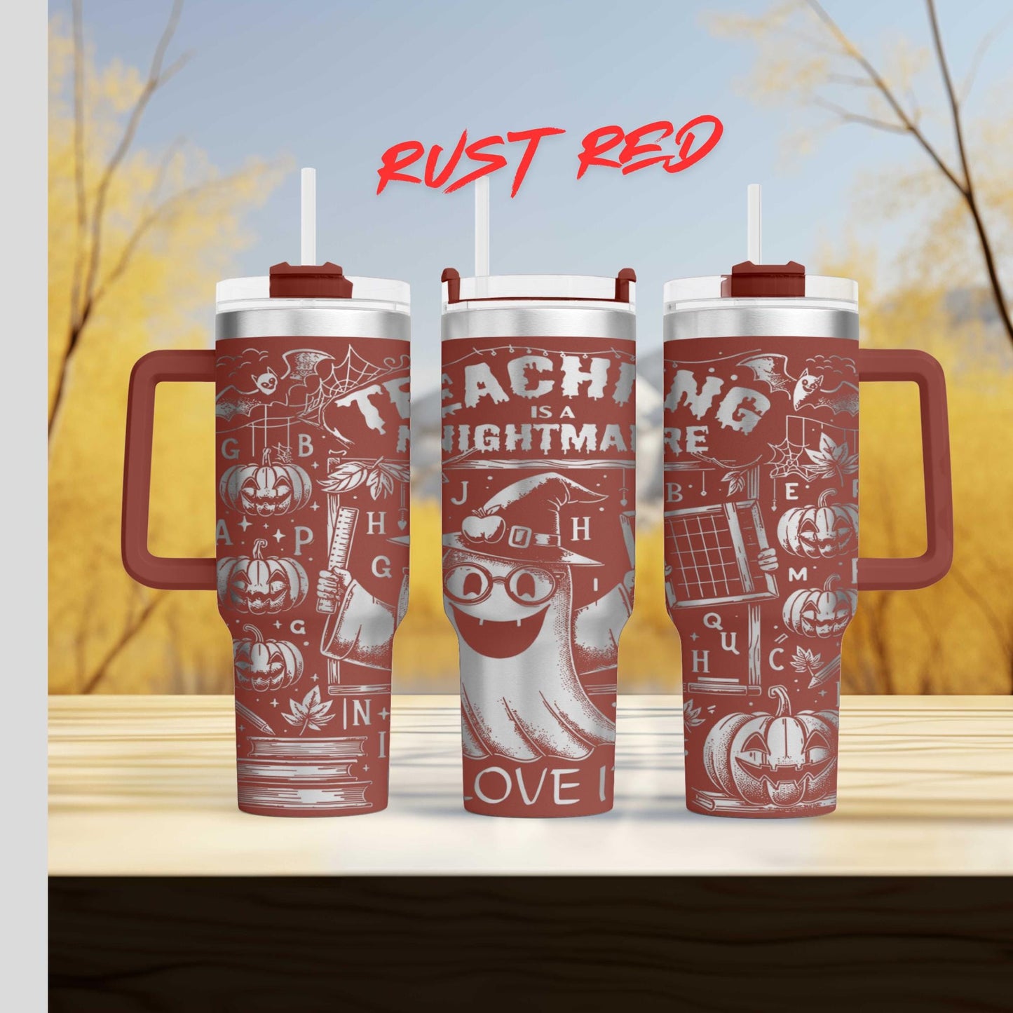 three red tumblers with Halloween-themed designs, including a ghost, pumpkins, and other spooky elements.