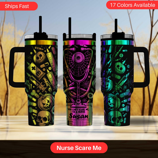 three colorful tumblers with various designs, including skulls, bats, and medical equipment, suggesting they are nurse-themed.