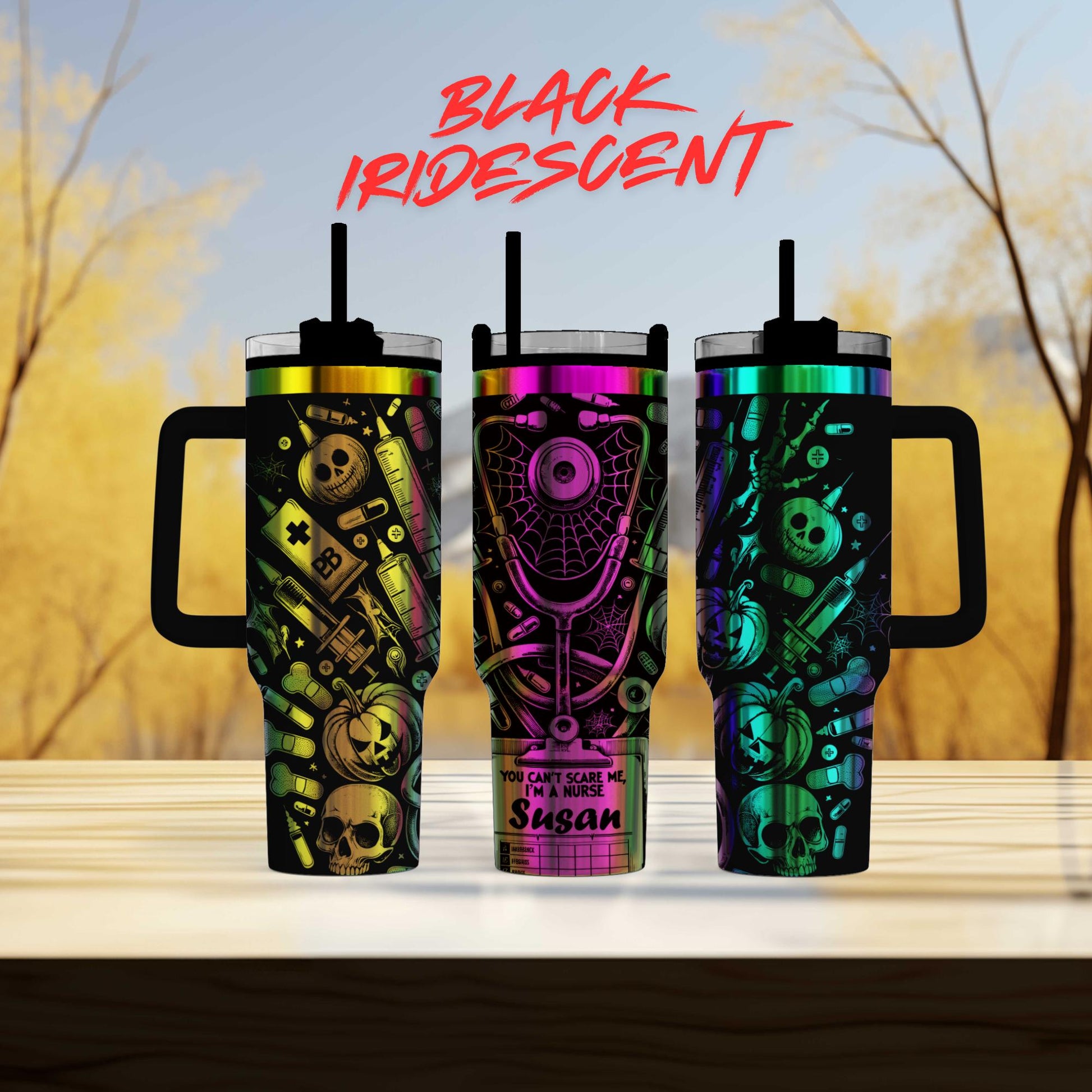 three colorful tumblers with various designs and text, including a medical-themed design and the text "Black Iridescent".
