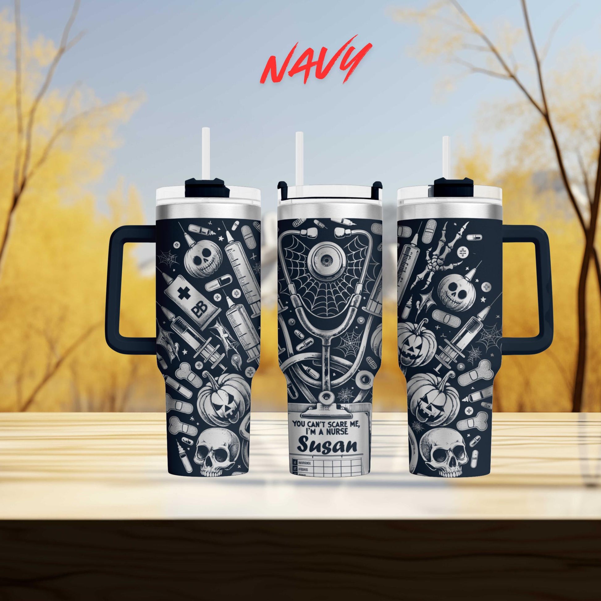 three black and white tumblers with various medical and Halloween-themed designs printed on them.