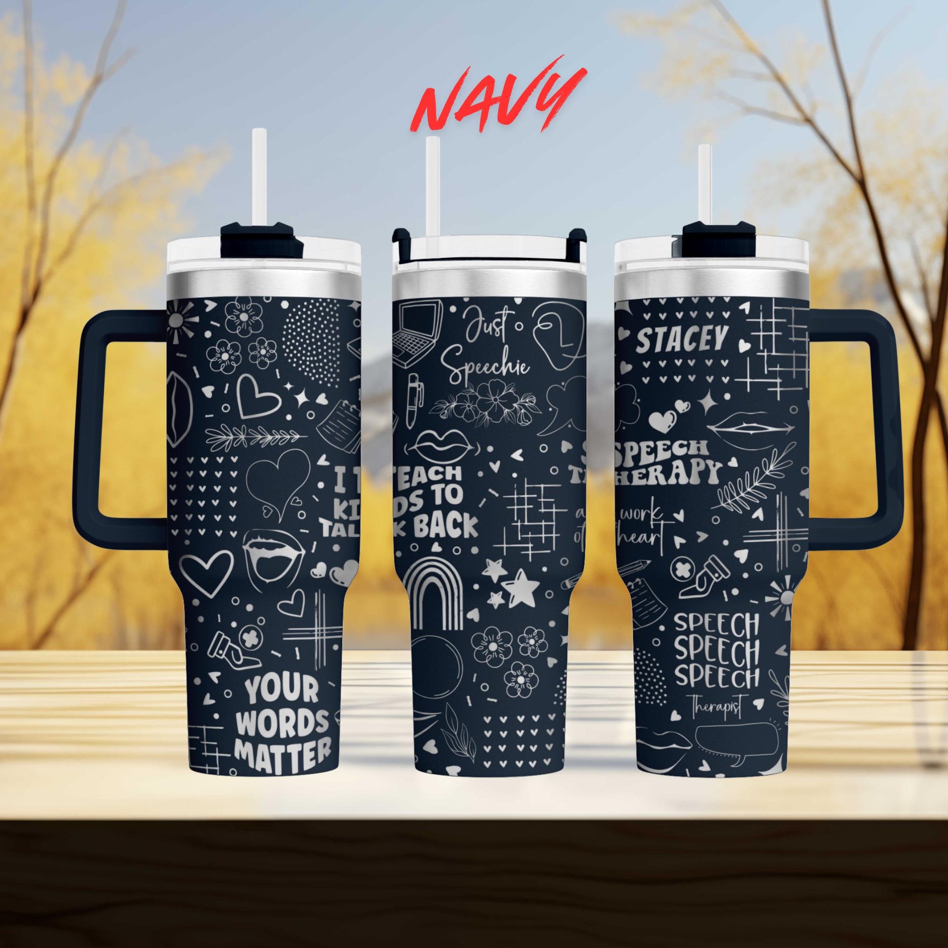 three black and white tumblers with various text and graphics printed on them.