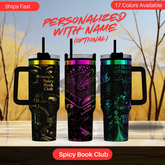 three colorful personalized tumblers with various designs and text, including "Spicy Book Club" and "17 Colors Available".