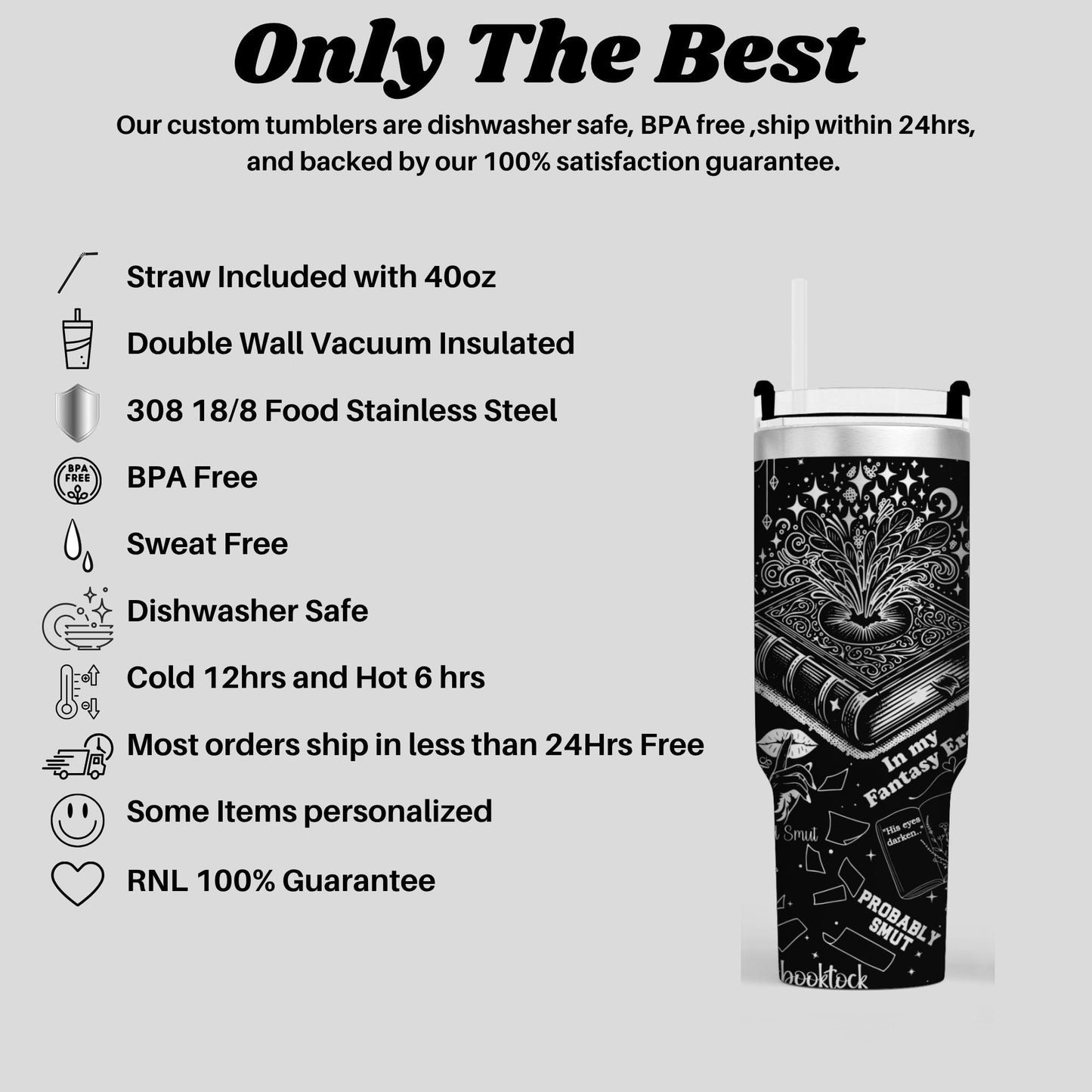 a black and white image of a stainless steel tumbler with various features and information about the product.
