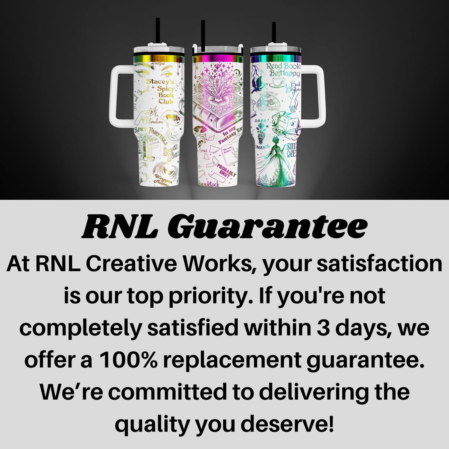 three colorful, patterned mugs with handles, arranged in a row against a dark background.