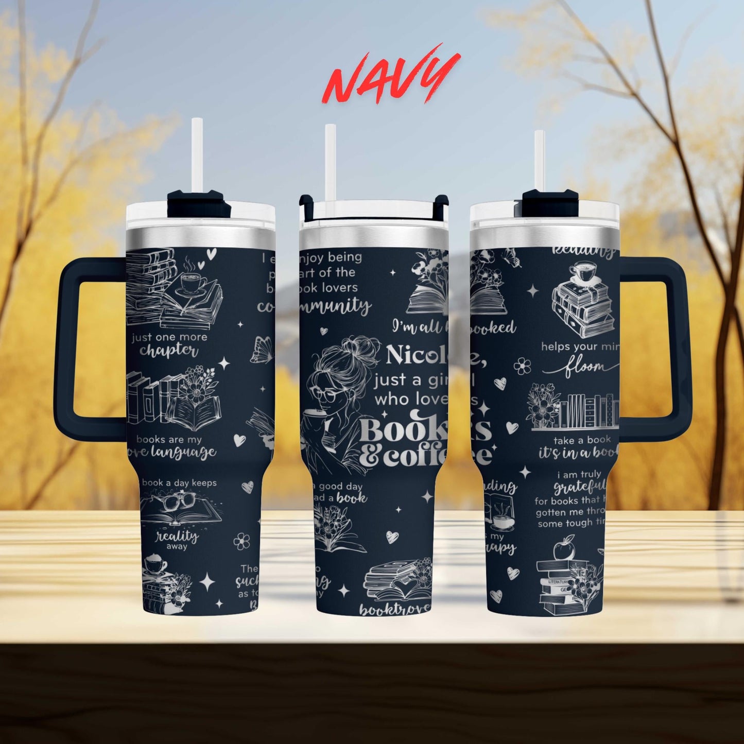 three black tumblers with white text and illustrations printed on them.