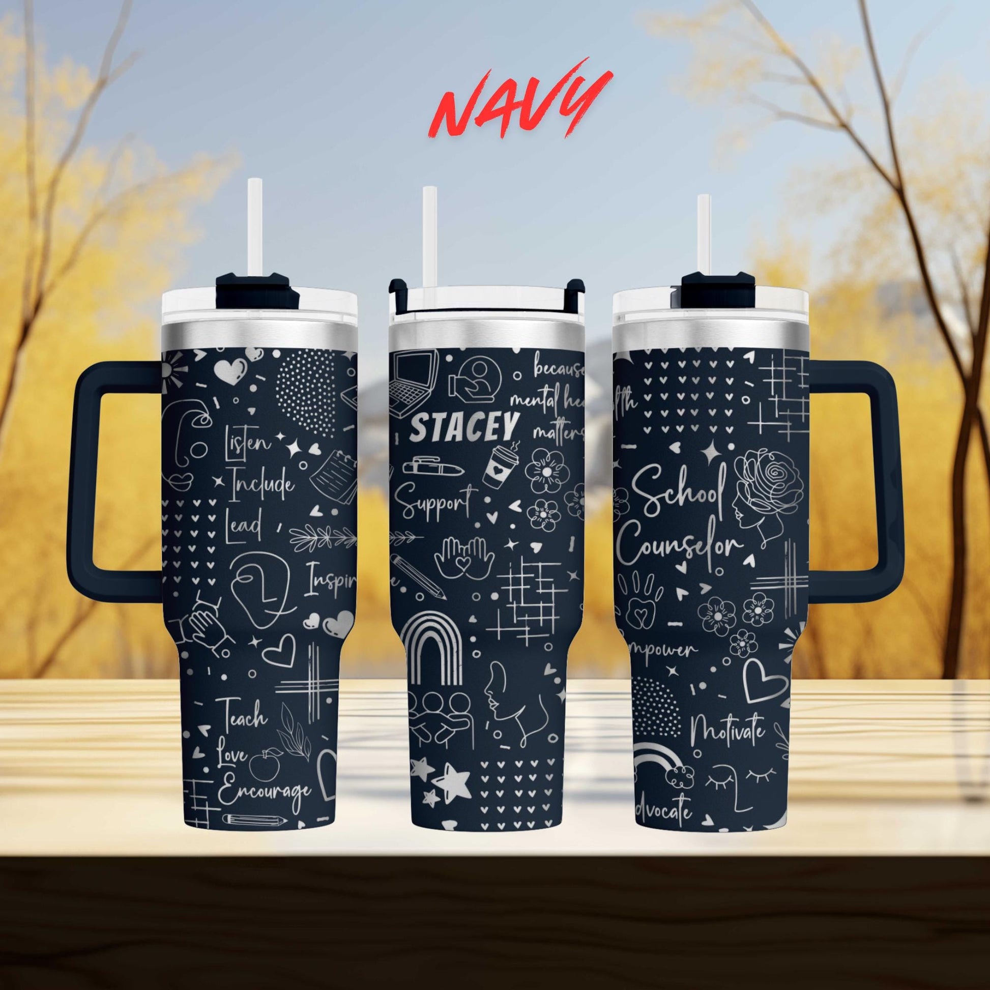 three black and white tumblers with various designs and text printed on them.