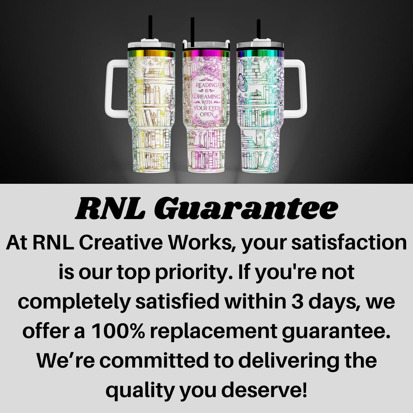 three colorful, patterned tumblers with handles, arranged in a row against a dark background.