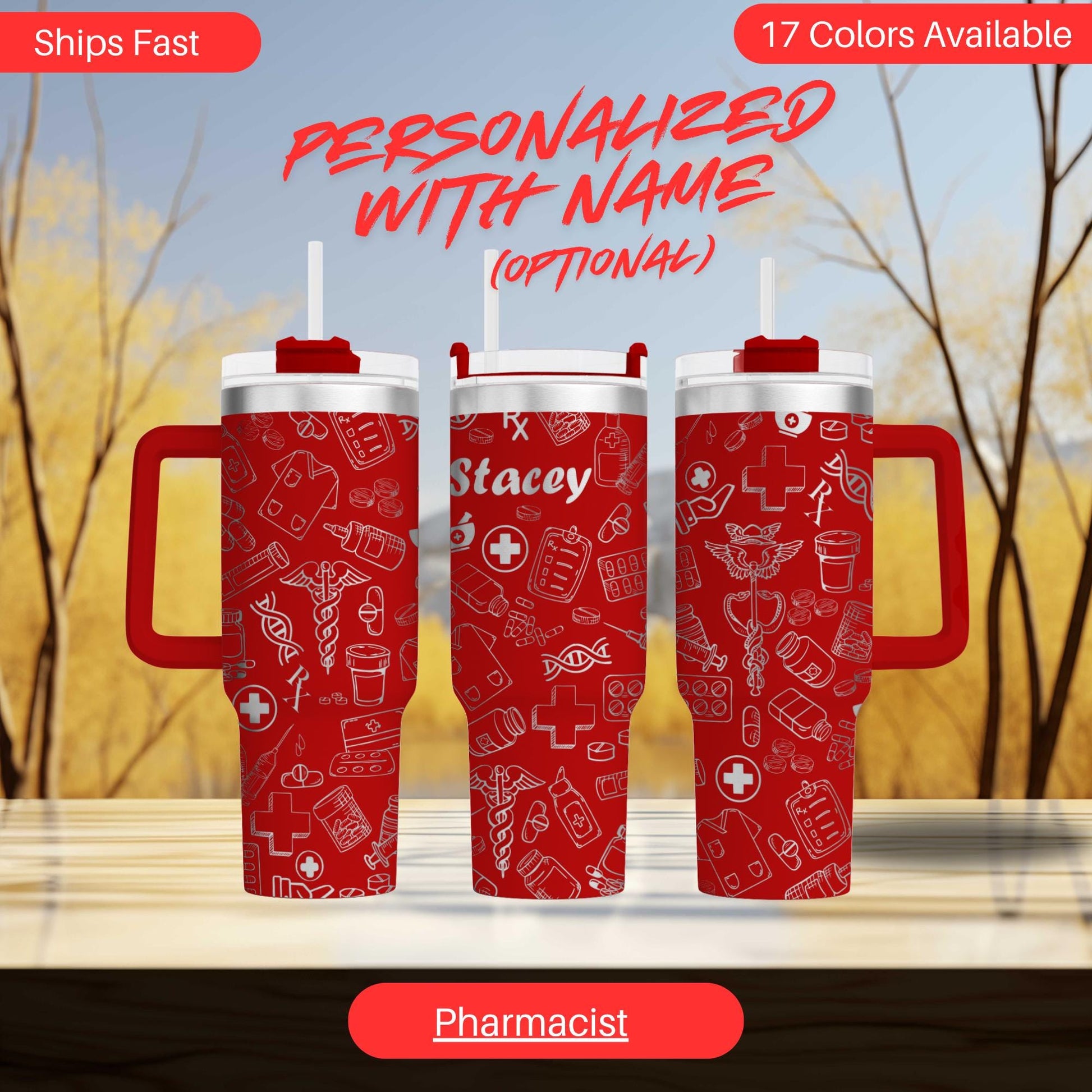 three red insulated tumblers with personalized names and medical-themed designs printed on them.