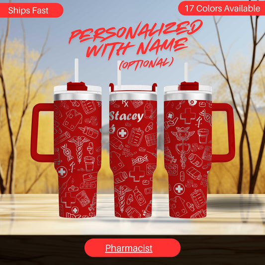 three red insulated tumblers with personalized names and medical-themed designs printed on them.
