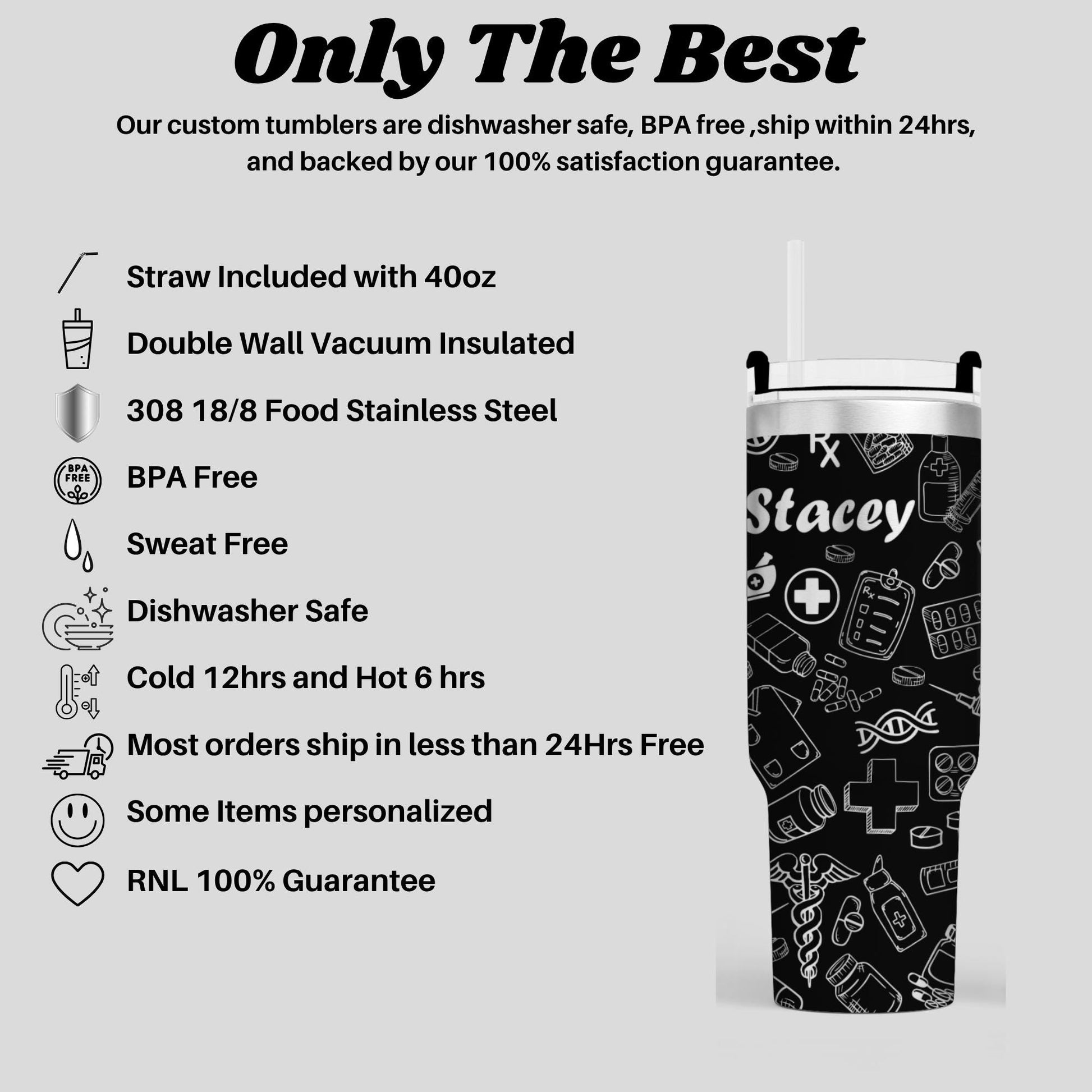 The image is a promotional image for a company that sells custom tumblers. It highlights the features of the tumblers, such as their safety, BPA-free design, and the ability to ship within 24 hours. The image also includes a close-up of the tumbler, showcasing its design and features.
