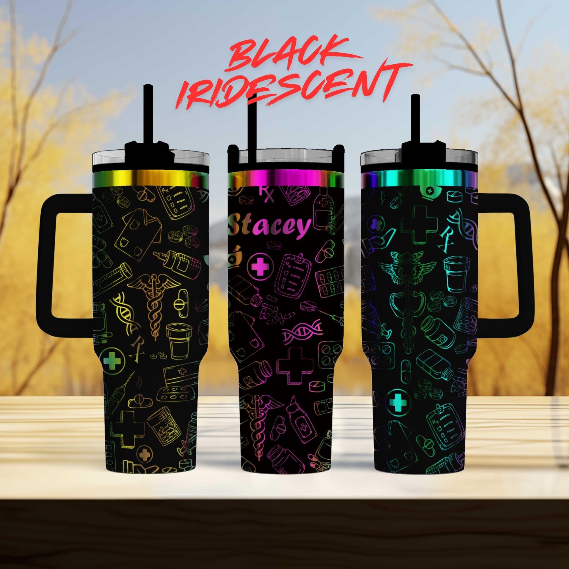 three colorful tumblers with various medical and healthcare-themed designs printed on them.