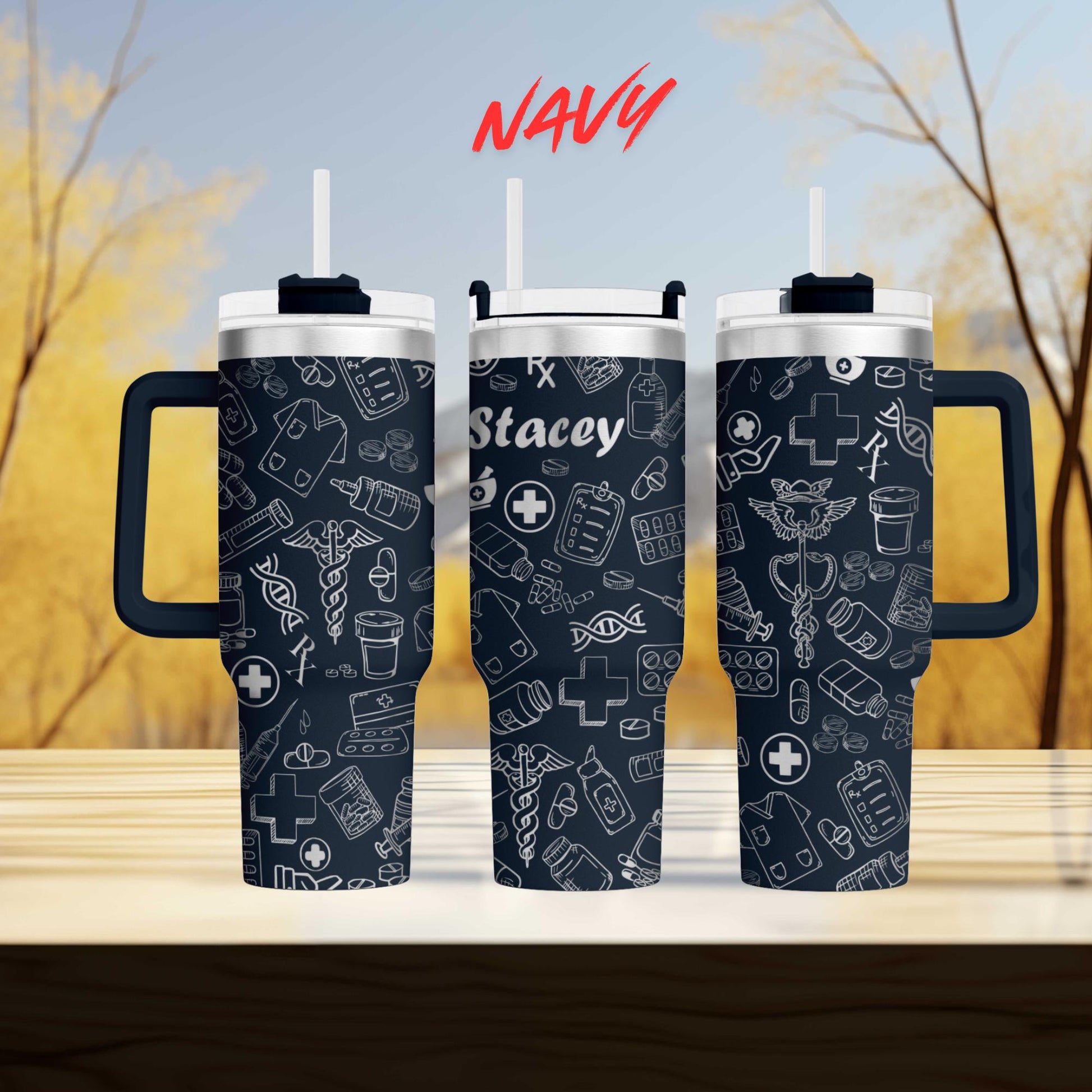 three black insulated tumblers with white and white medical-themed designs printed on them.