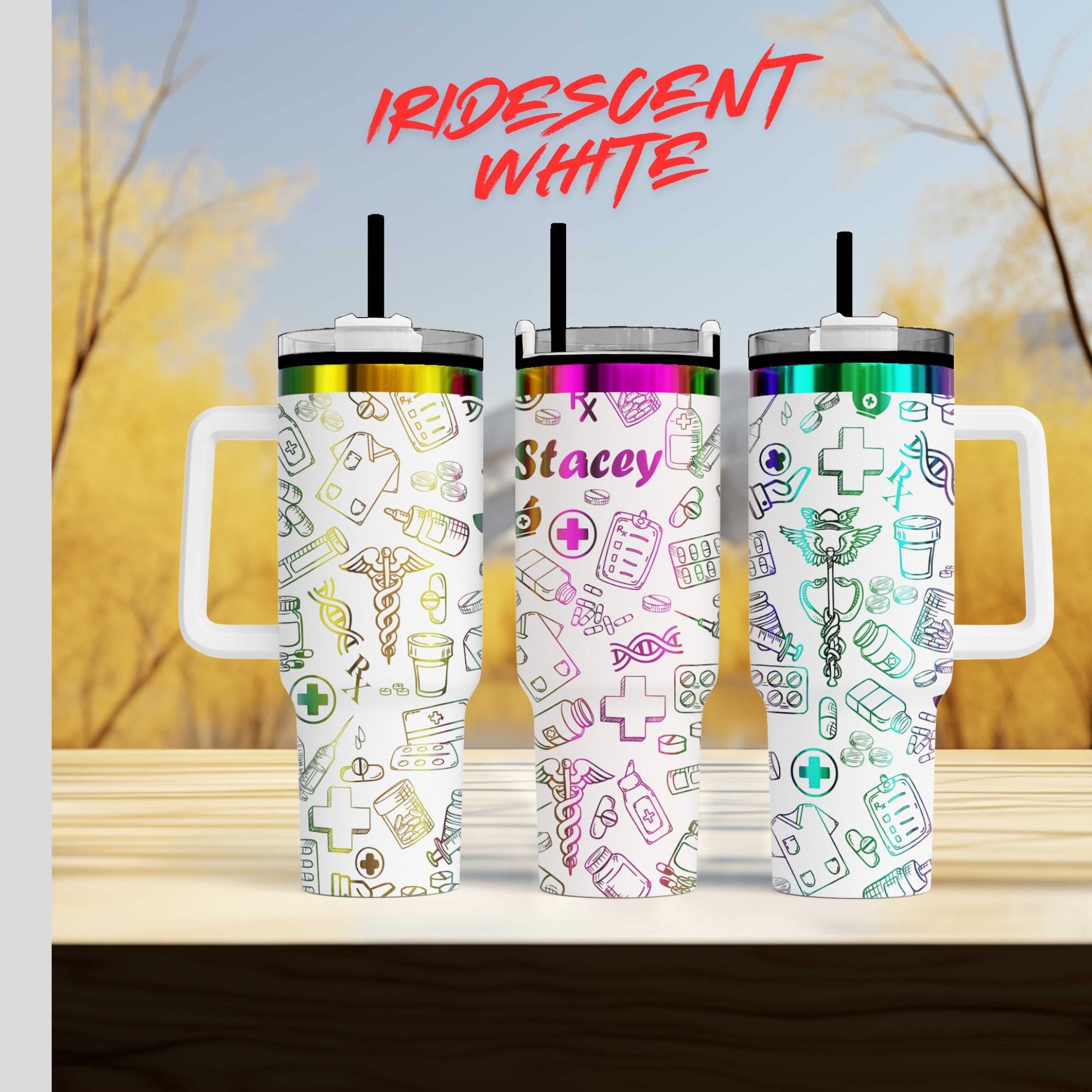 three colorful, patterned tumblers with handles, each with a unique design and color scheme.