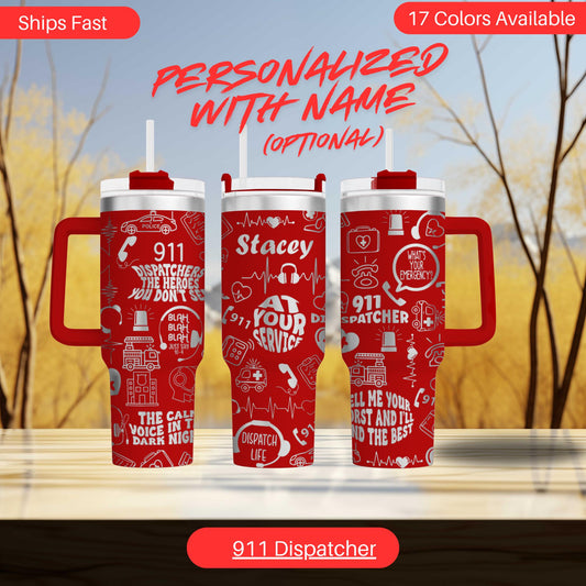 three red tumblers with the text "911 Dispatcher" printed on them.