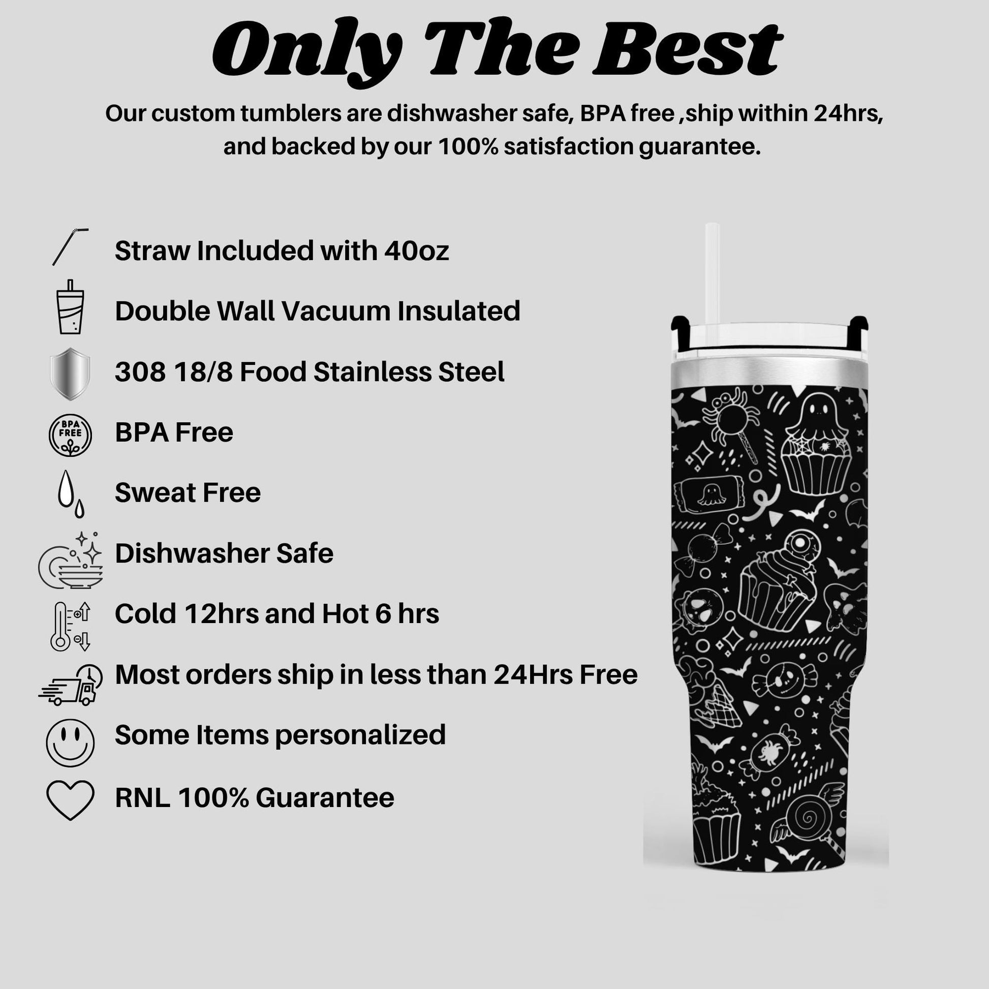 The image is a promotional image for a product called "Only The Best". It features a black and white image of a stainless steel tumbler with a straw, along with various descriptions of the product's features, such as its safety, durability, and satisfaction guarantee. The image does not contain any text, and it focuses on the visual appeal and functionality of the product rather than providing detailed information about it.