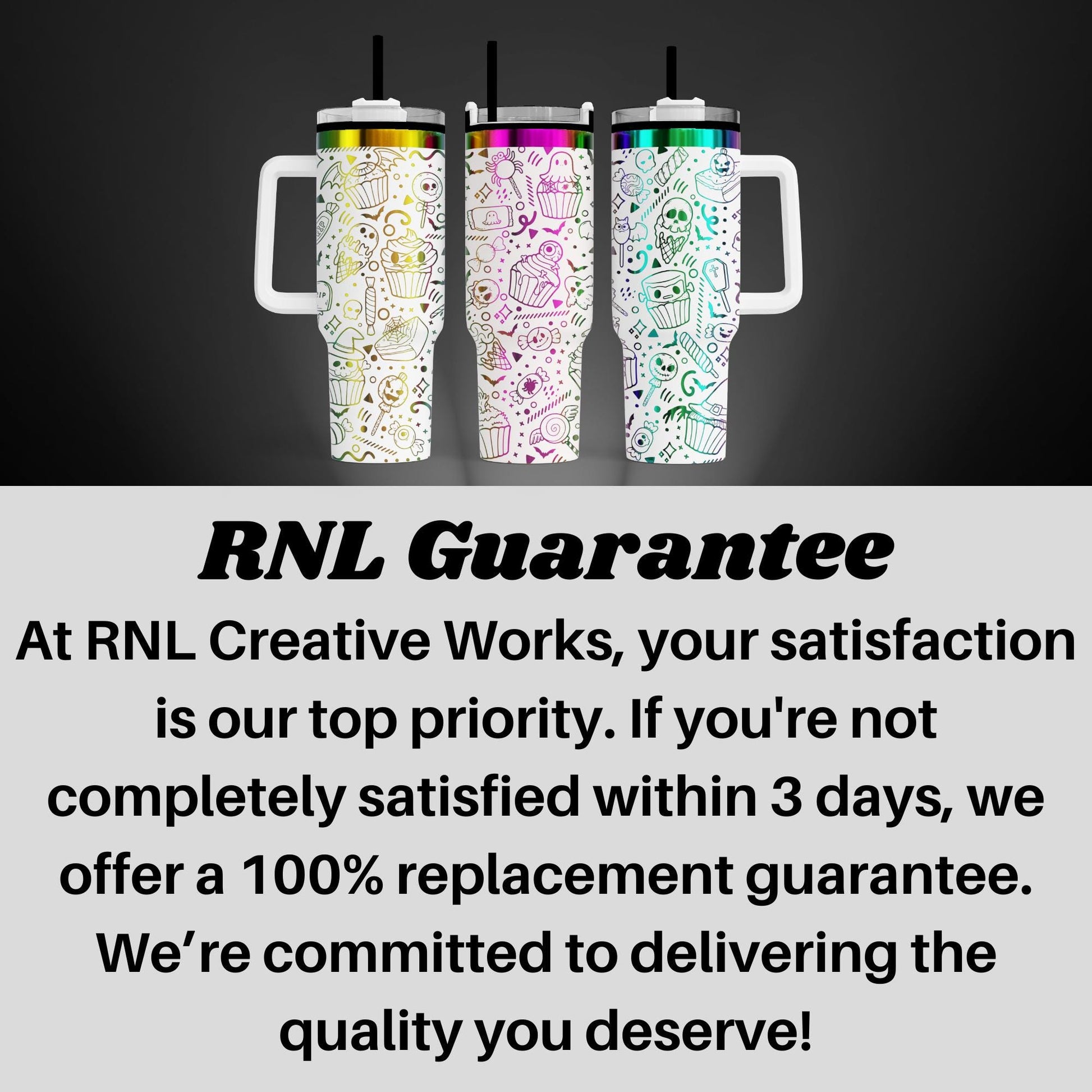 three colorful, patterned tumblers with handles, arranged in a row against a dark background.