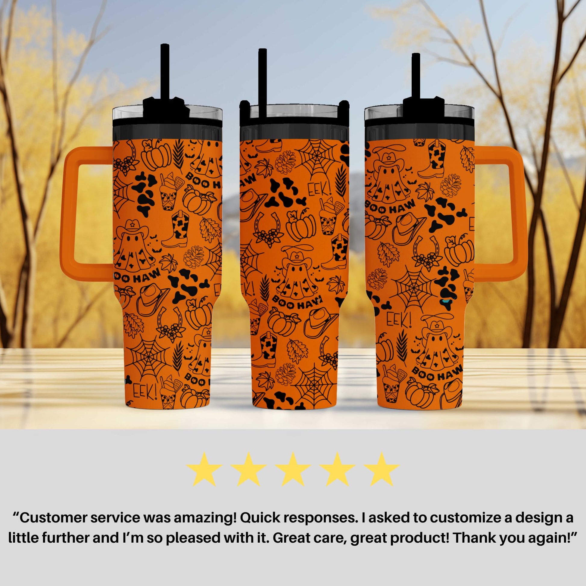 three orange tumblers with a Halloween-themed design, including bats, pumpkins, and spiderwebs. The tumblers have orange handles and are placed on a wooden surface. The image also includes a customer review expressing satisfaction with the customer service and the product.