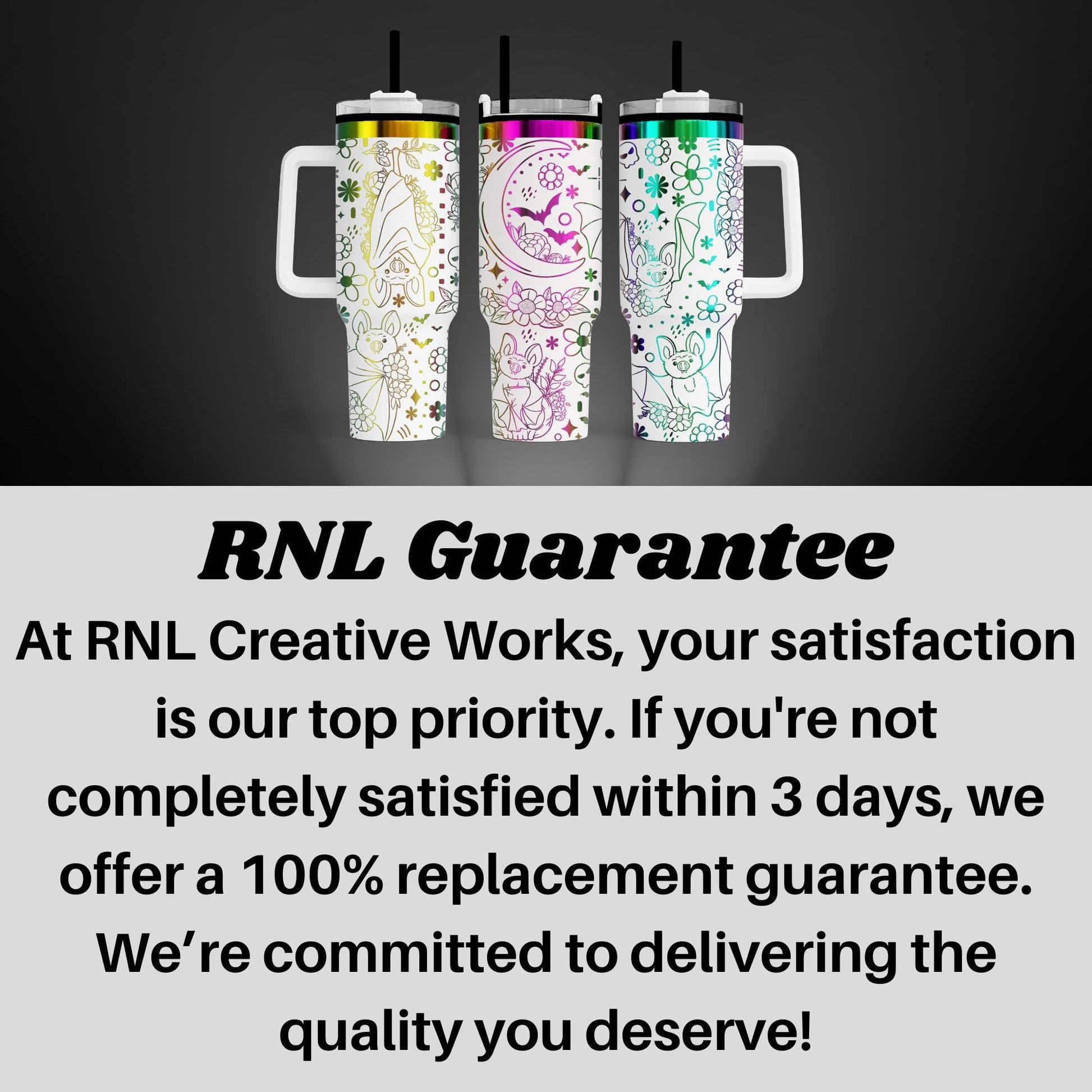 three colorful, patterned tumblers with handles, arranged in a row against a dark background.