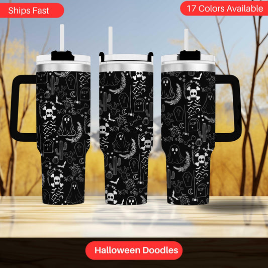 Halloween-themed black and white tumblers with skull and ghost designs, available in 17 different colors.
