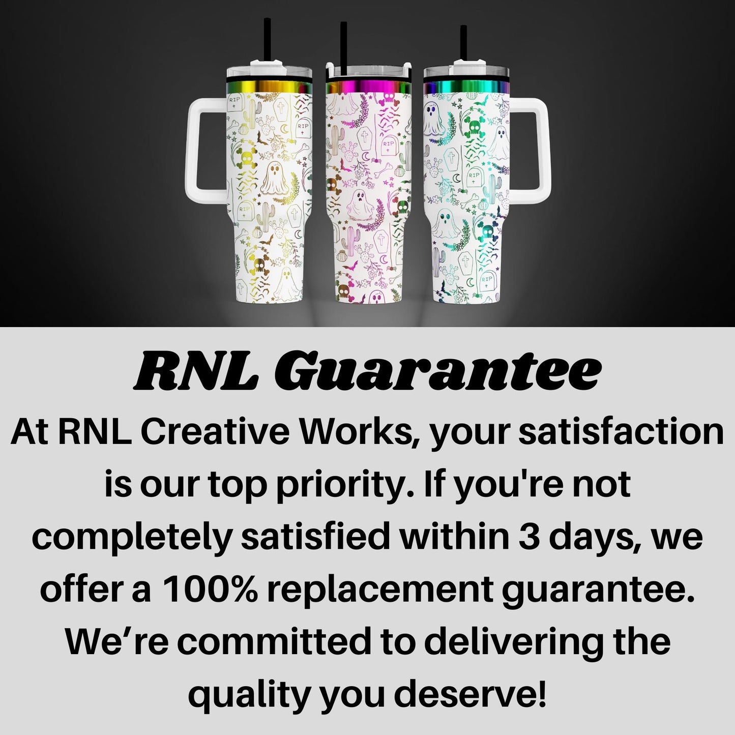 three colorful, patterned tumblers with handles, arranged in a row against a dark background.
