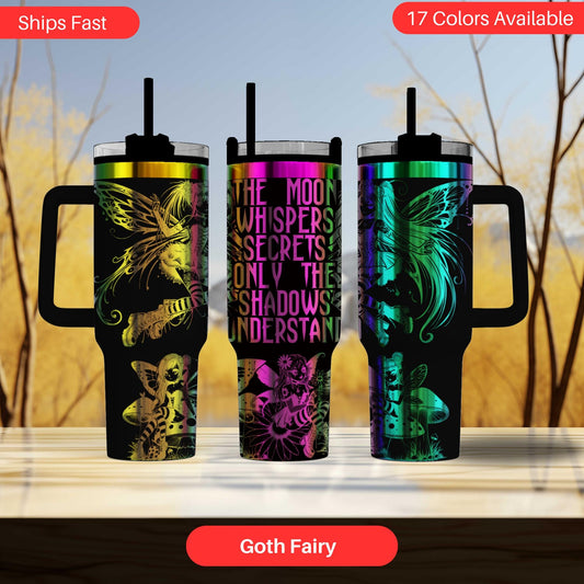 three colorful, unicorn-themed tumblers with various designs and text on them.