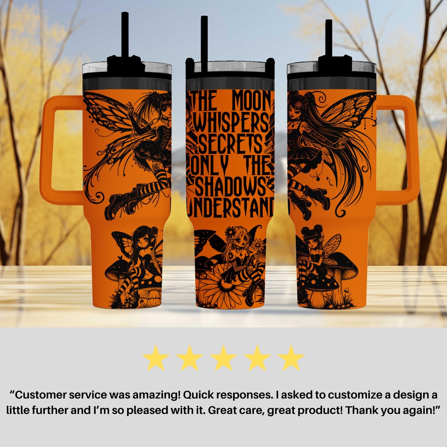 three orange tumblers with black designs and text, including a fairy and a mushroom, against a blurred background of trees.