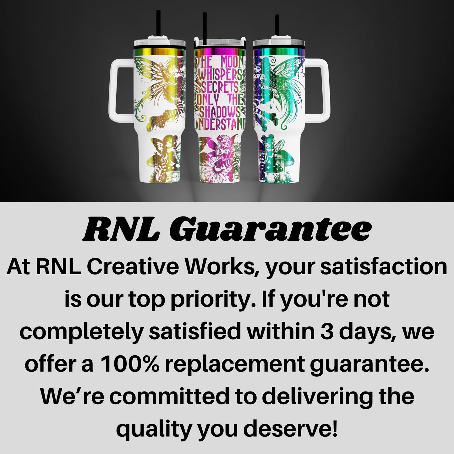 three colorful, patterned mugs with handles, arranged in a row against a dark background.