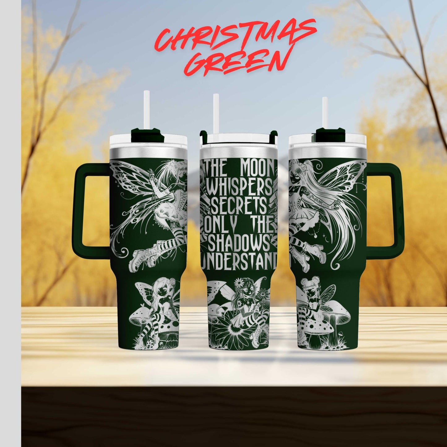 A set of three green tumblers with white text and illustrations on them, set against a blurred background of trees and sky.